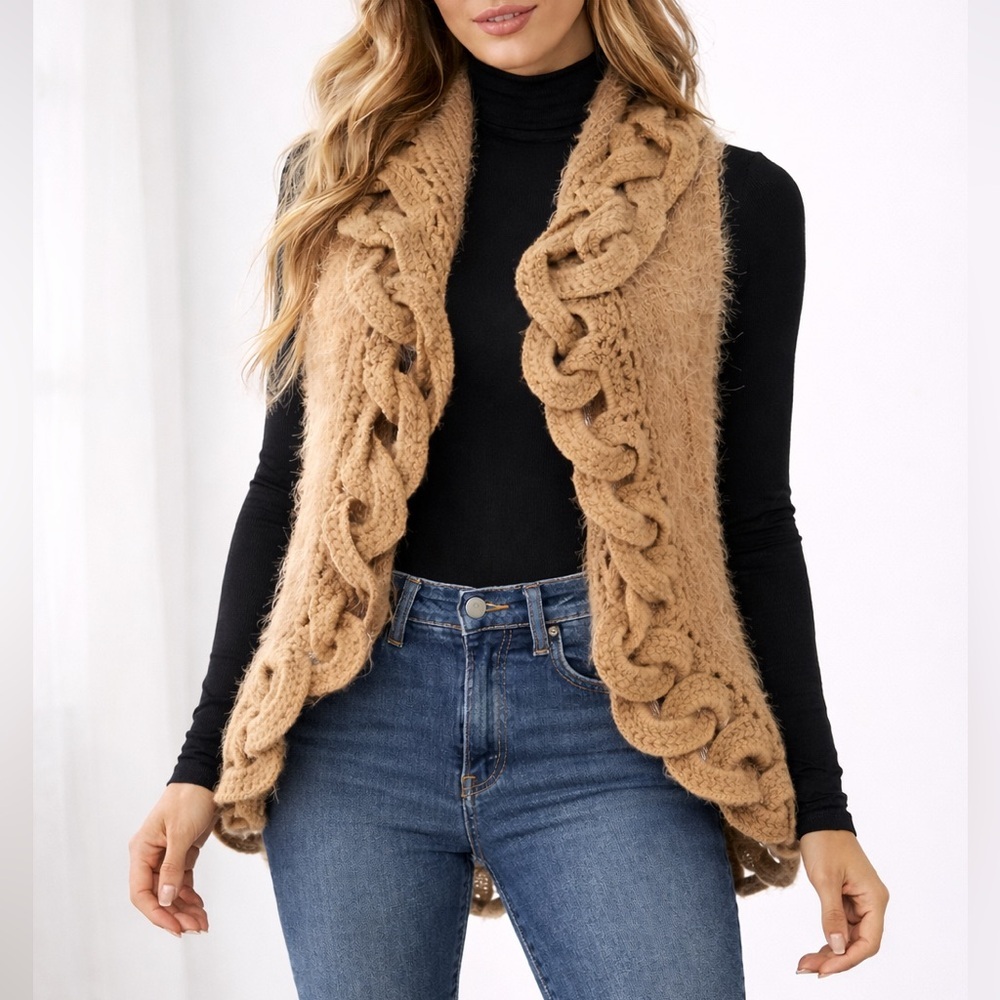 John Fashion Wool Fuzzy Corchet Open Front Soft Sweater Vest Tan Women OS Boho